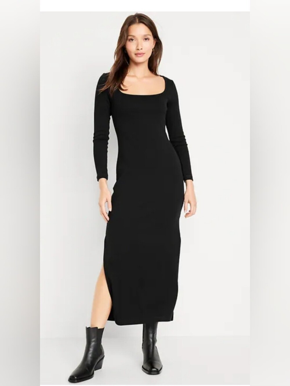 Old Navy Black Rib Knit Square Neck Midi Dress women's small Fitted Stretch